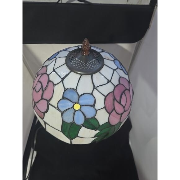 Vintage Tiffany Style Stained Glass Table Lamp Floral Pink Blue Green 18" Tall - Picture 5 of 7